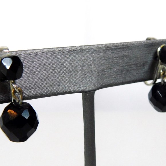 Drop Dangle Black Faceted Beaded Clip on Earrings - Picture 2 of 4